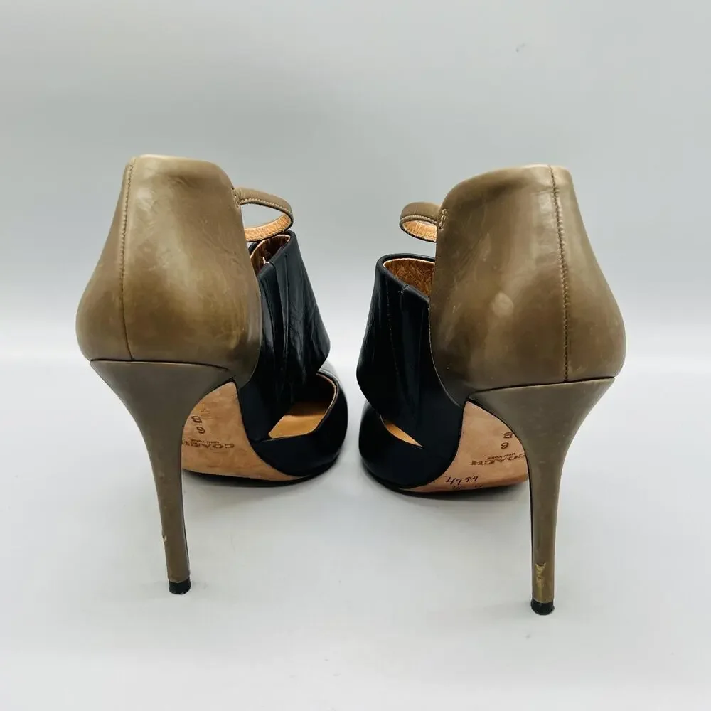 Coach Shoes Womens 6 Black Taupe Leather D'Orsay Ankle Strap Stiletto Heels